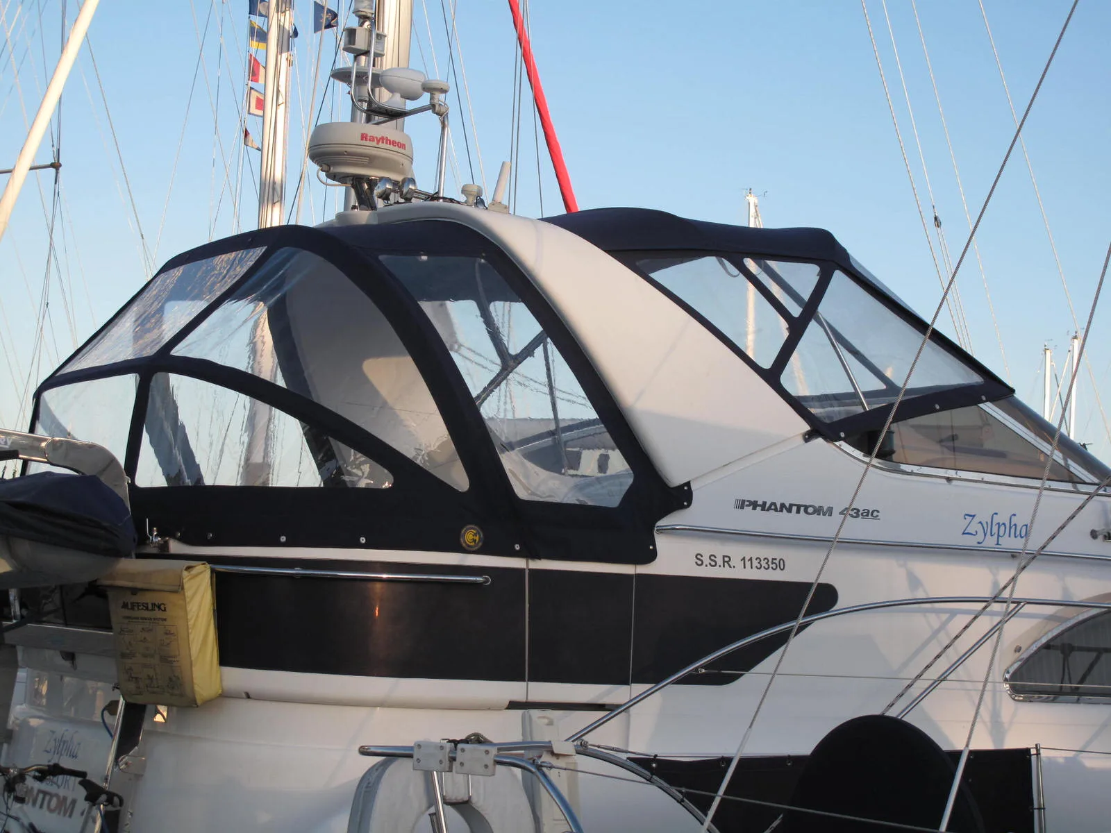 Canvas canopy on motorboat